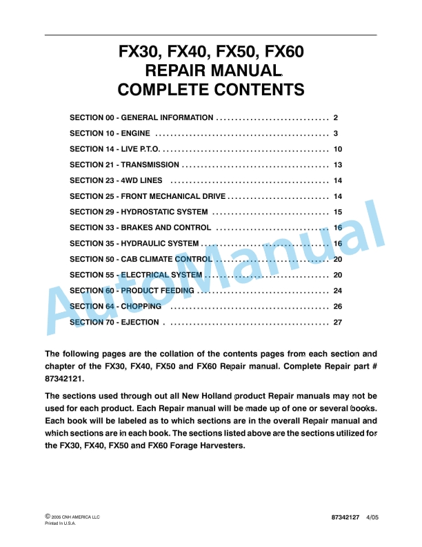 New Holland FX30, FX40, FX50, FX60 Forage Harvester Repair Manual 87342127