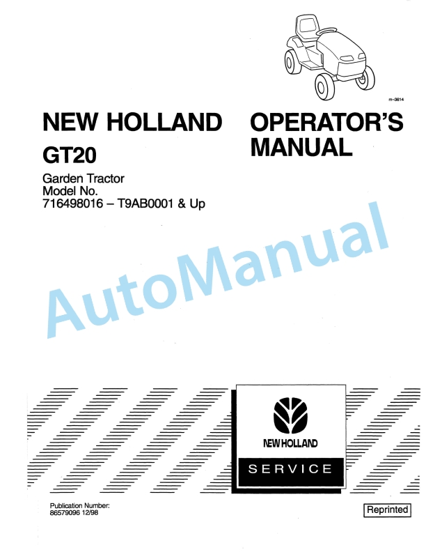 New Holland GT20 Garden Tractor Operation and Maintenance Manual 86579096