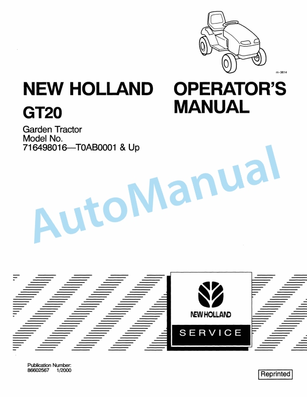 New Holland GT20 Garden Tractor Operation and Maintenance Manual 86602567