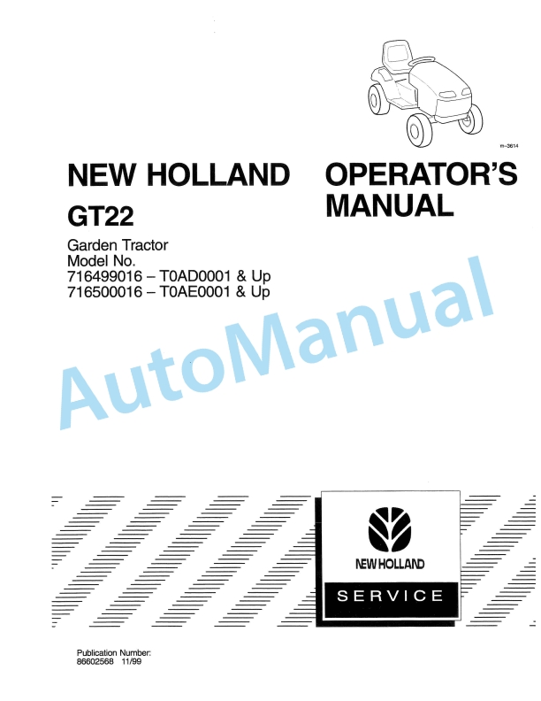New Holland GT22 Garden Tractor Operation and Maintenance Manual 86602568