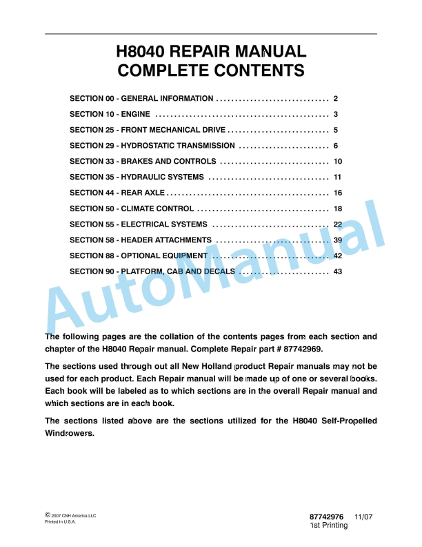 New Holland H8040 Seft-Propelled Windrower Repair Manual 87742976