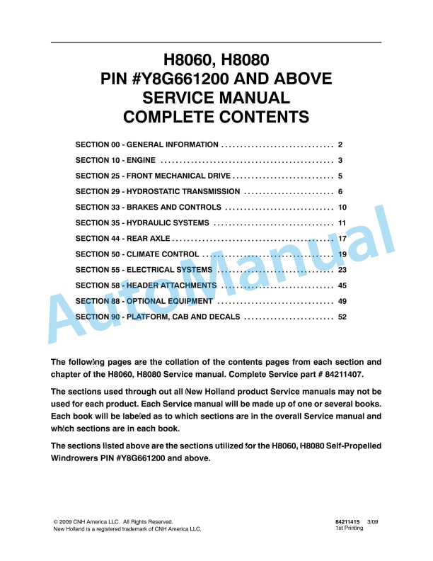 New Holland H8060, H8080 Seft-Propelled Windrower Service Manual 84211415