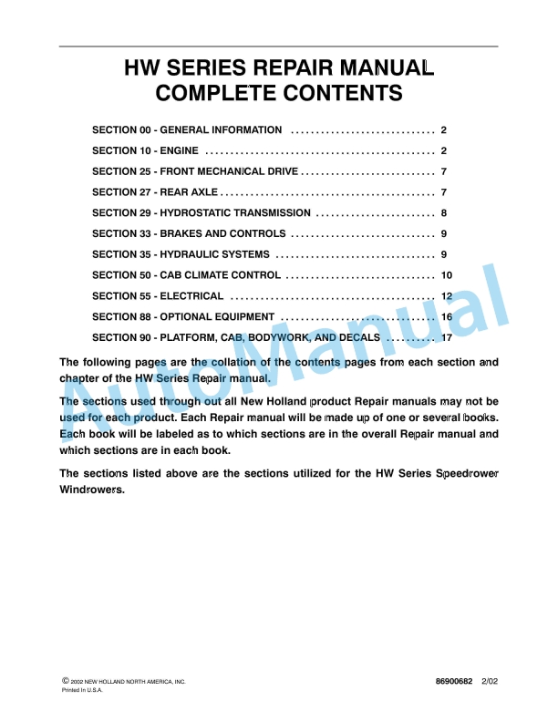 New Holland HW Series Speedrower Windrower Repair Manual 86900682