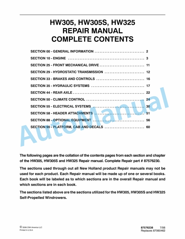 New Holland HW305, HW305S, HW325 Self-Propelled Windrower Repair Manual 87576238
