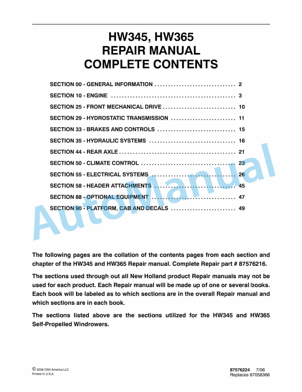 New Holland HW345, HW365 Self-Propelled Windrower Repair Manual 87576224