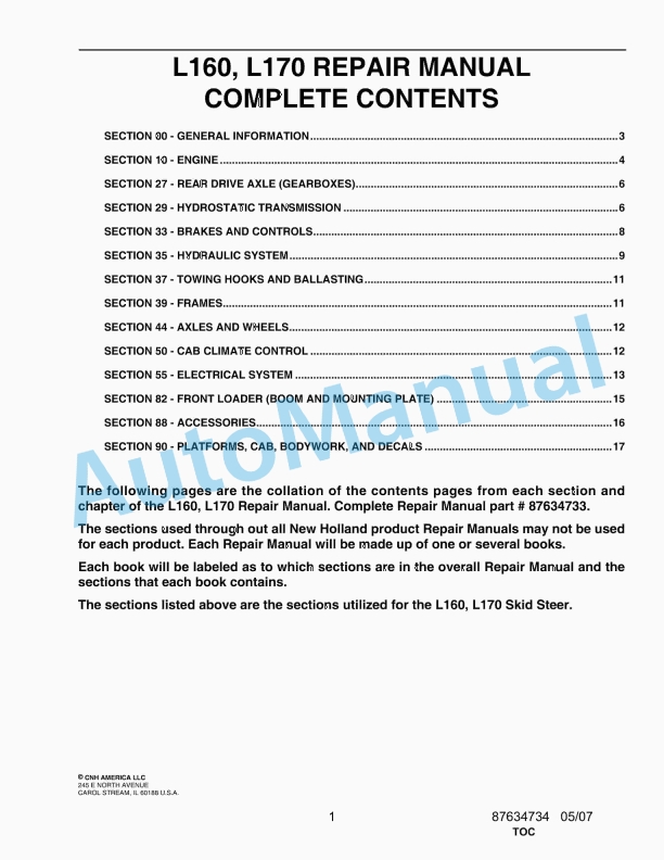 New Holland L160, L170 Skid Steer Repair Manual 87634734