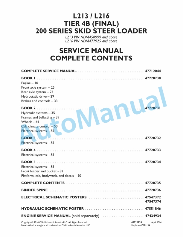 New Holland L213, L216 Tier 4B Final 200 Series Skid Steer Loader Service Manual 47720735