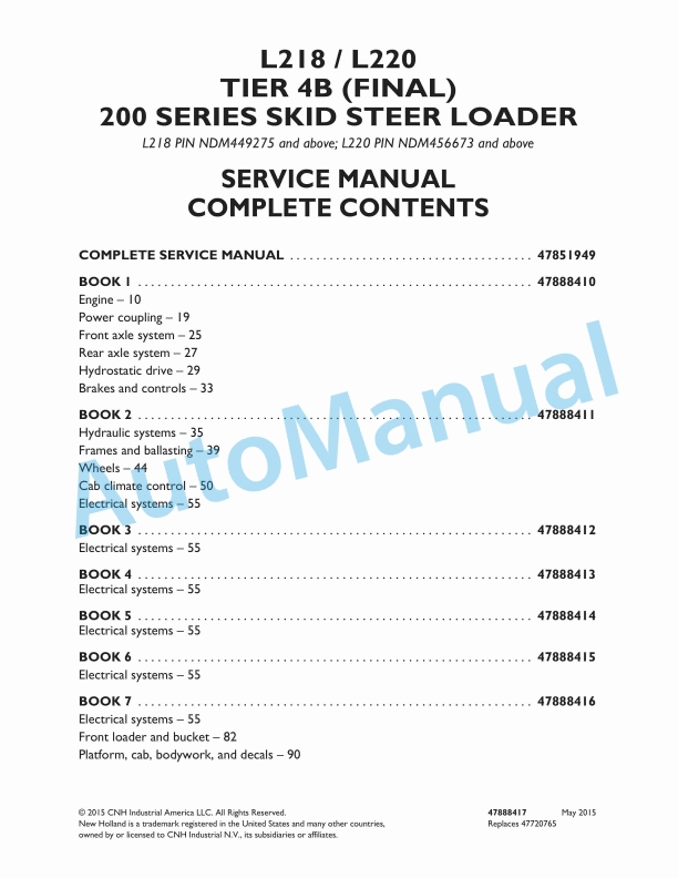 New Holland L218, L220 Tier 4B Final 200 Series Skid Steer Loader Service Manual 47888417