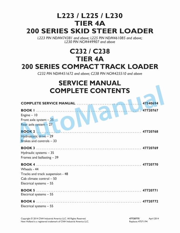 New Holland L223, L225, L230 Tier 4A 200 Series Skid Steer Loader - C232, C238 Tier 4A 200 Series Compact Track Loader Service Manual 47720775