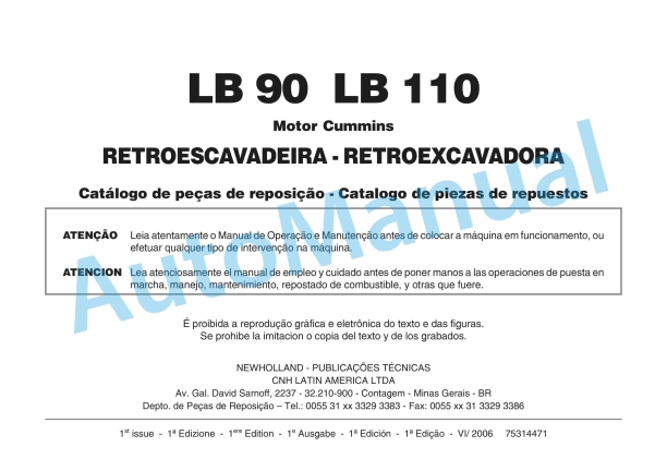 New Holland LB90, LB110 Motor Cummin Backhoe Loader Excavator Parts Catalogue 75314471 BR
