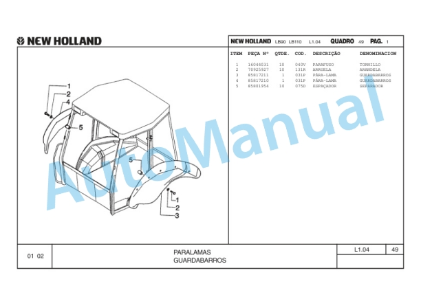 New Holland LB90, LB110 Motor Cummin Backhoe Loader Excavator Parts Catalogue 75314471 BR-5