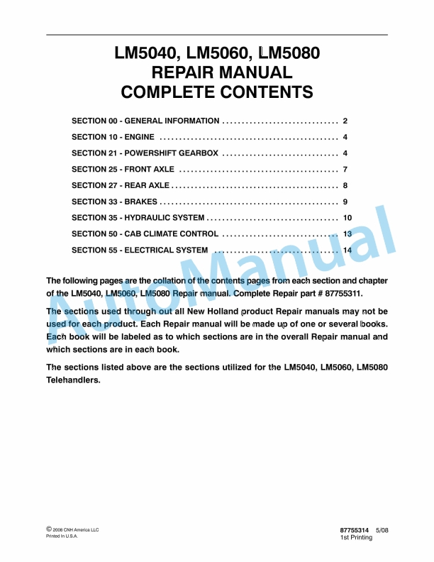 New Holland LM5040, LM5060, LM5080 Telehandler Repair Manual 87755314