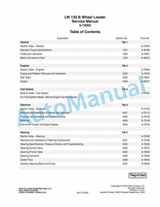 New Holland LW130.B Wheel Loader Service Manual 6-73002