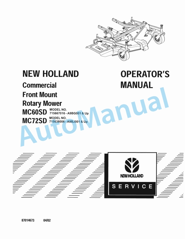 New Holland MC60SD, MC72SD Commercial Front Mount Rotary Mower Operation and Maintenance Manual 87014673