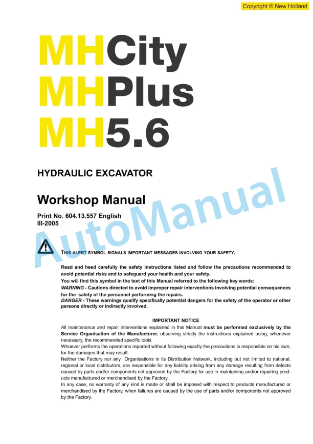 New Holland MH City, MH Plus, MH 5.6 Hydraulic Excavator Workshop Manual 60413557EN