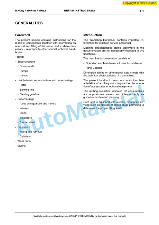 New Holland MH City, MH Plus, MH 5.6 Hydraulic Excavator Workshop Manual 60413557EN-5