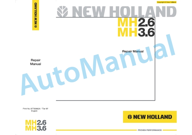 New Holland MH2.6, MH3.6 Excavator Repair Manual 87730662A