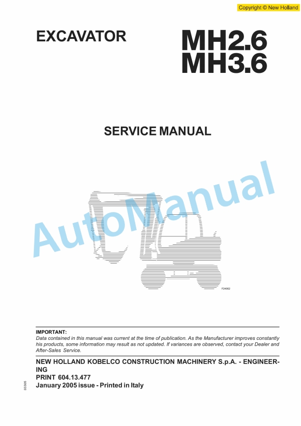 New Holland MH2.6, MH3.6 Excavator Service Manual 60413477