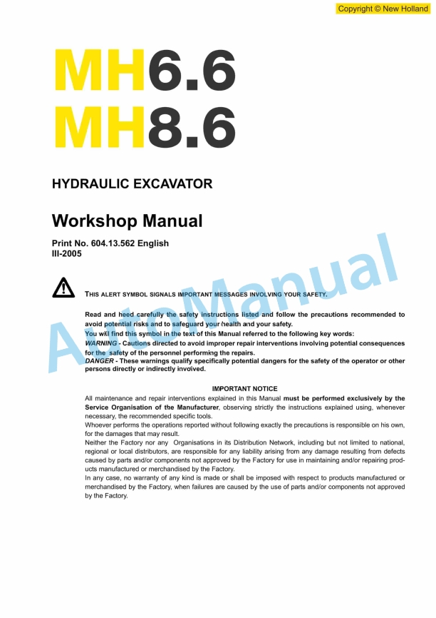 New Holland MH6.6, MH8.6 Hydraulic Excavator Workshop Manual 60413562EN