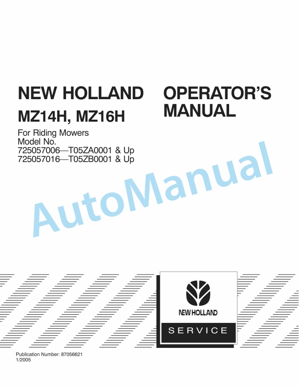New Holland MZ14H, MZ16H For Riding Mower Operation and Maintenance Manual 87056621
