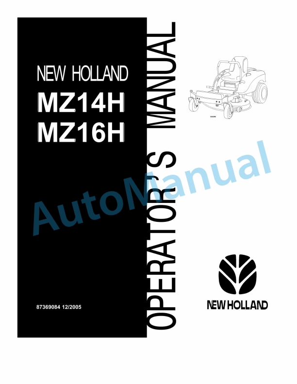 New Holland MZ14H, MZ16H For Riding Mower Operation and Maintenance Manual 87369084