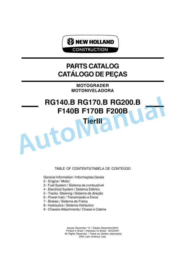New Holland RG140.B, RG170.B, RG200.B, RG140, RG170, RG200B Tier III Motor Grader Parts Catalogue 84322001 BR