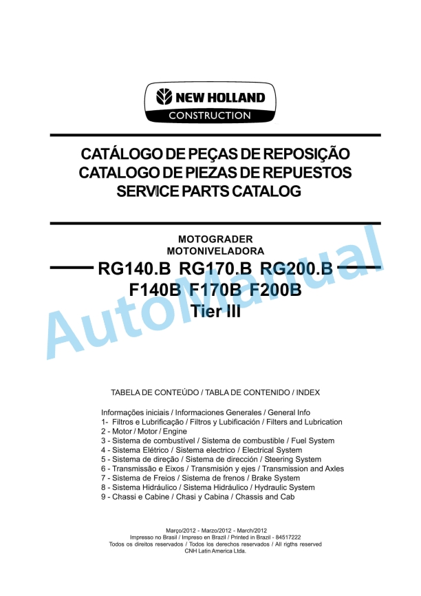 New Holland RG140.B, RG170.B, RG200.B, RG140, RG170, RG200B Tier III Motor Grader Service Parts Catalogue 84517222