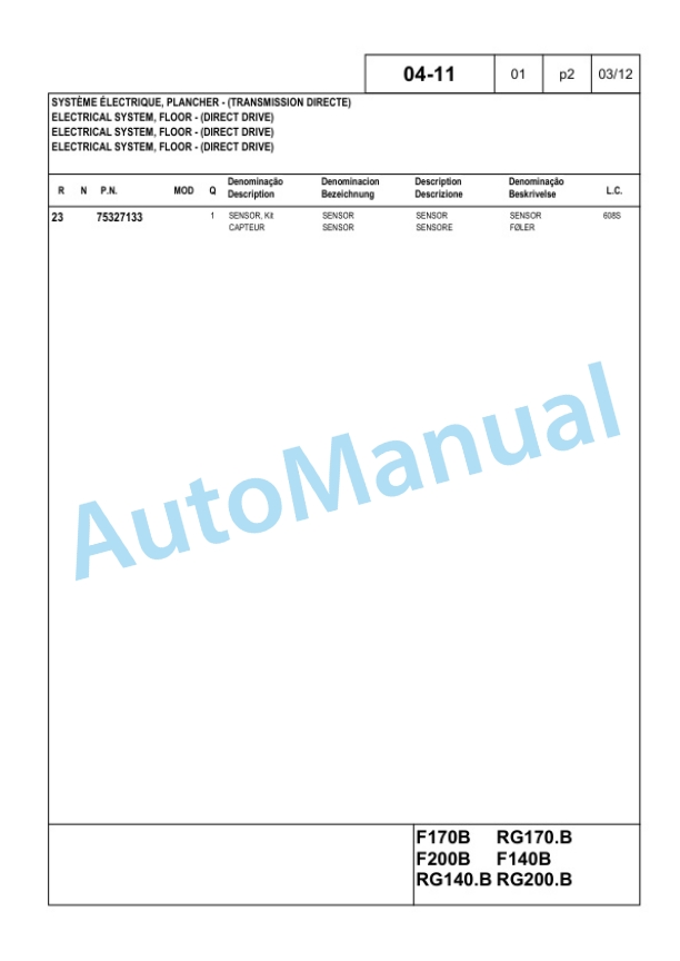 New Holland RG140.B, RG170.B, RG200.B, RG140, RG170, RG200B Tier III Motor Grader Service Parts Catalogue 84517222-2