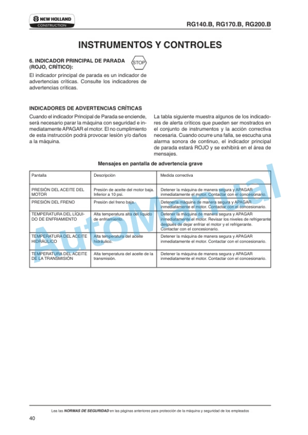 Alternative view of New Holland RG140.B, RG170.B, RG200.B VHP Tier 3 Motor Grader Operation and Maintenance Manual 84498217
