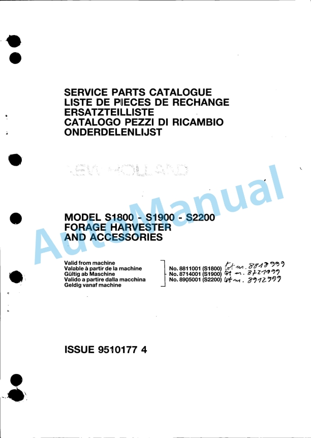 New Holland S1800, S1900, S2200 Forage Harvester and Accessories Service Parts Catalogue 95101774