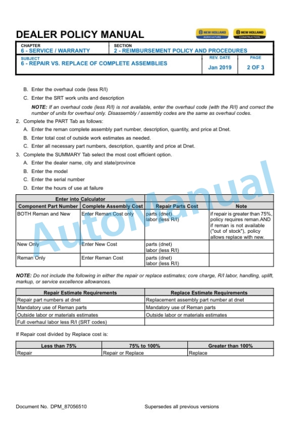 Alternative view of New Holland Section 6 Service, Warranty - North American Dealer Warranty Policy Dealer Policy Manual 87056510