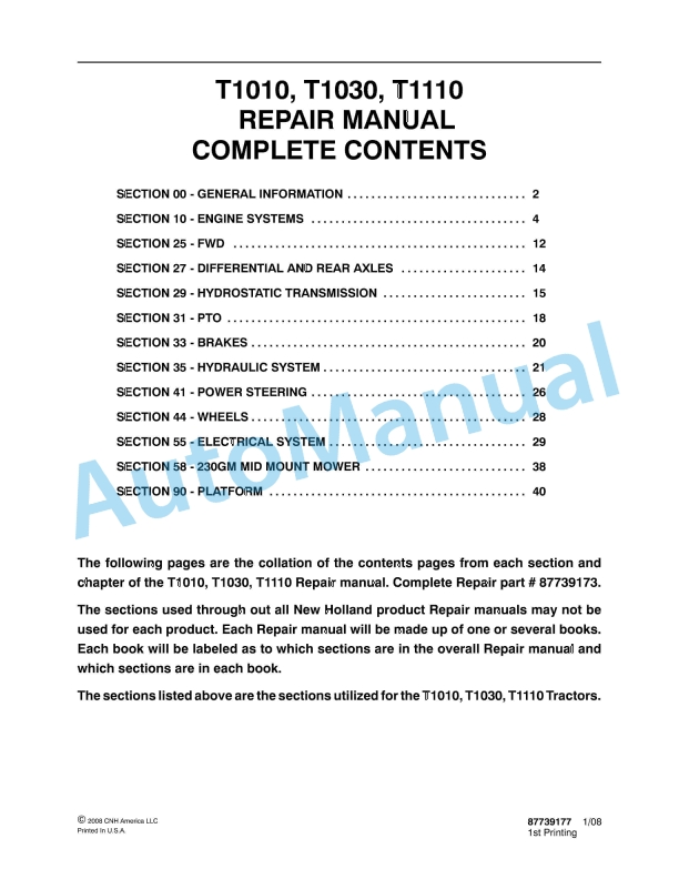 New Holland T1010, T1030, T1110 Tractor Repair Manual 87739177