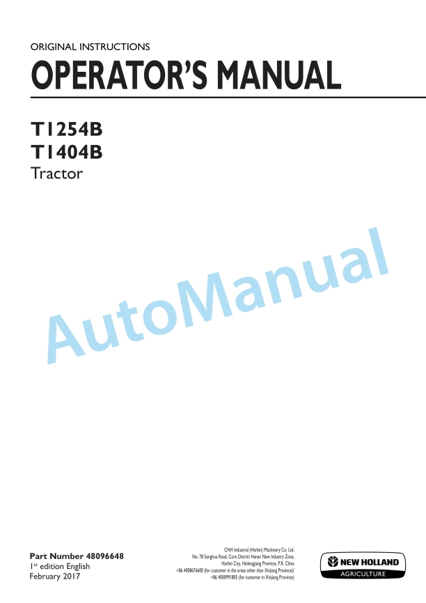 New Holland T1254B, T1404B Tractor Operation and Maintenance Manual 48096648