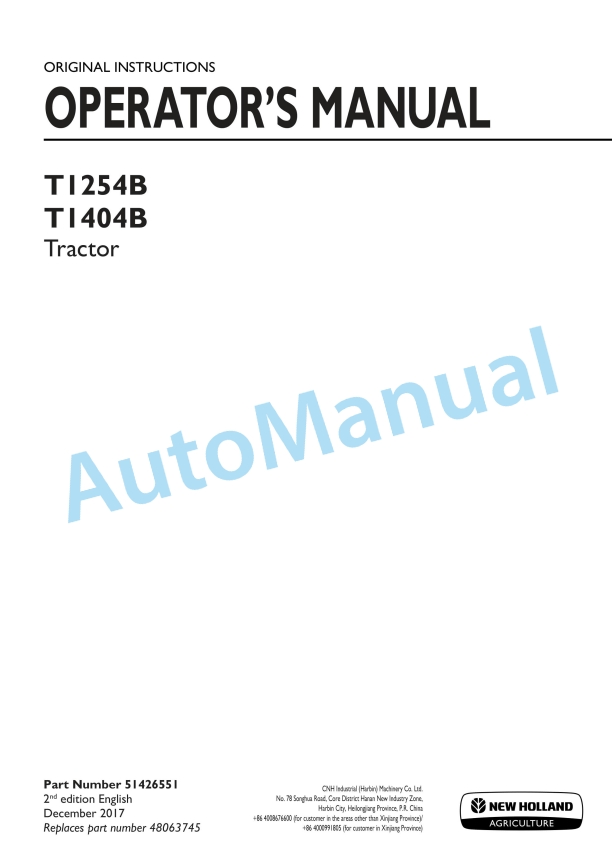 New Holland T1254B, T1404B Tractor Operation and Maintenance Manual 51426551