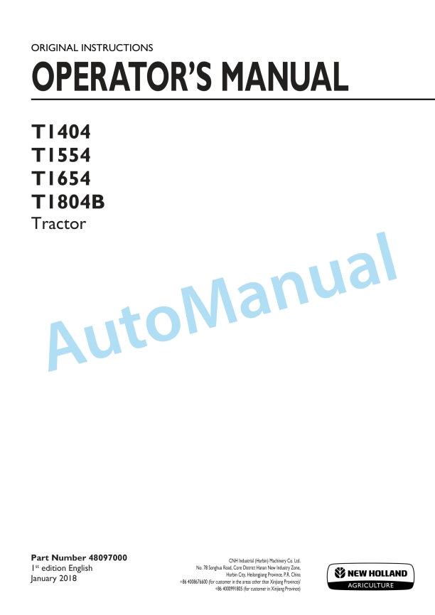 New Holland T1404, T1554, T1654, T1804B Tractor Operation and Maintenance Manual 48097000