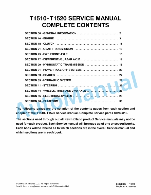 New Holland T1510, T1520 Tractor Service Manual 84260815