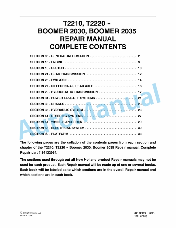 New Holland T2210, T2220 - Boomer 2030, Boomer 2035 Repair Manual 84122969