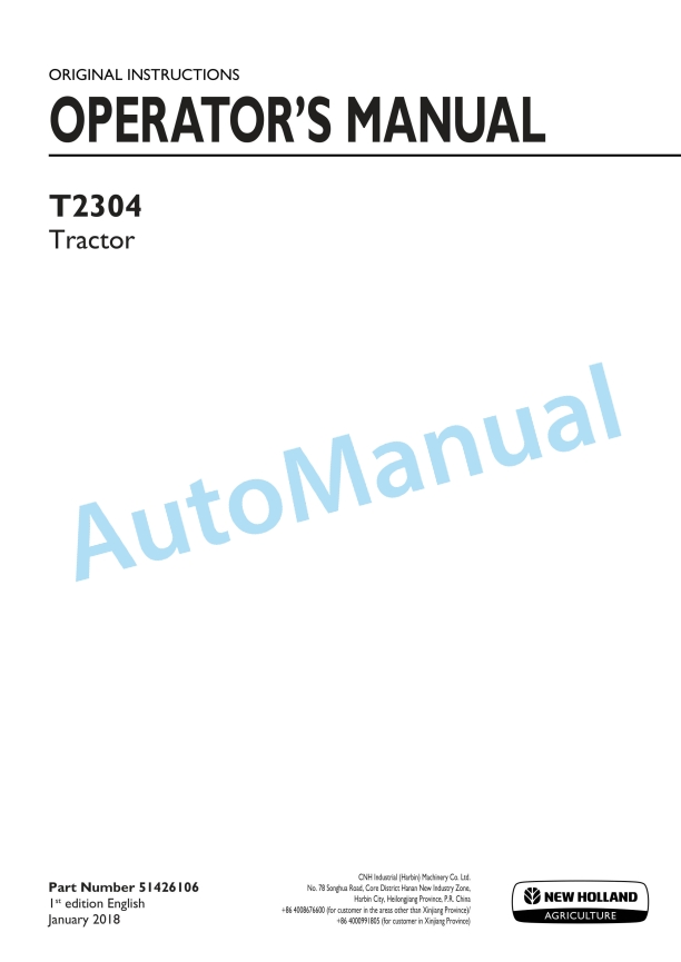 New Holland T2304 Tractor Operation and Maintenance Manual 51426106