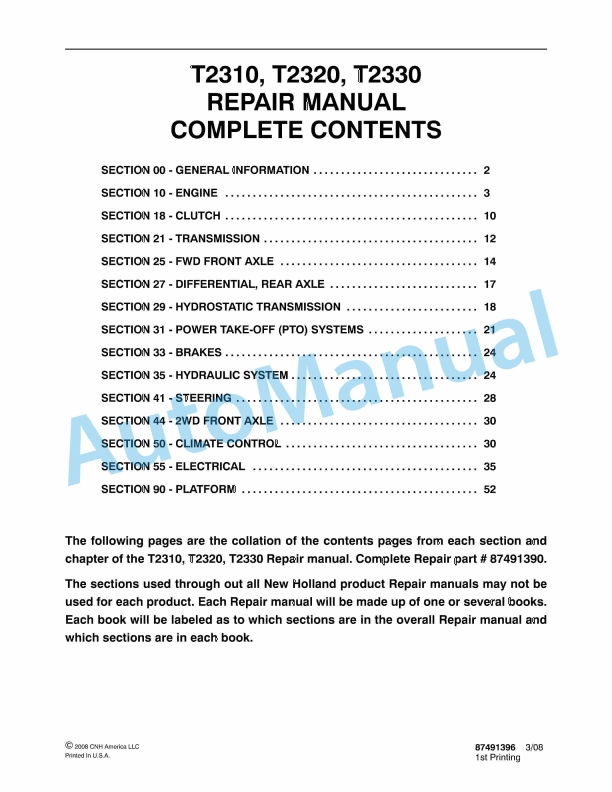 New Holland T2310, T2320, T2330 Tractor Repair Manual 87491396