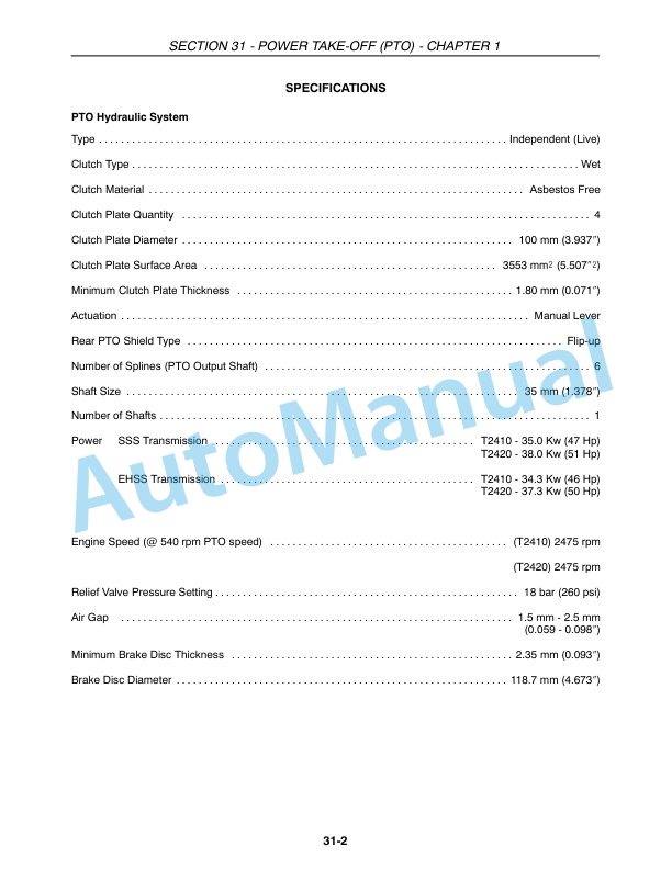 New Holland T2410, T2420 Tractor Repair Manual 87693286-4