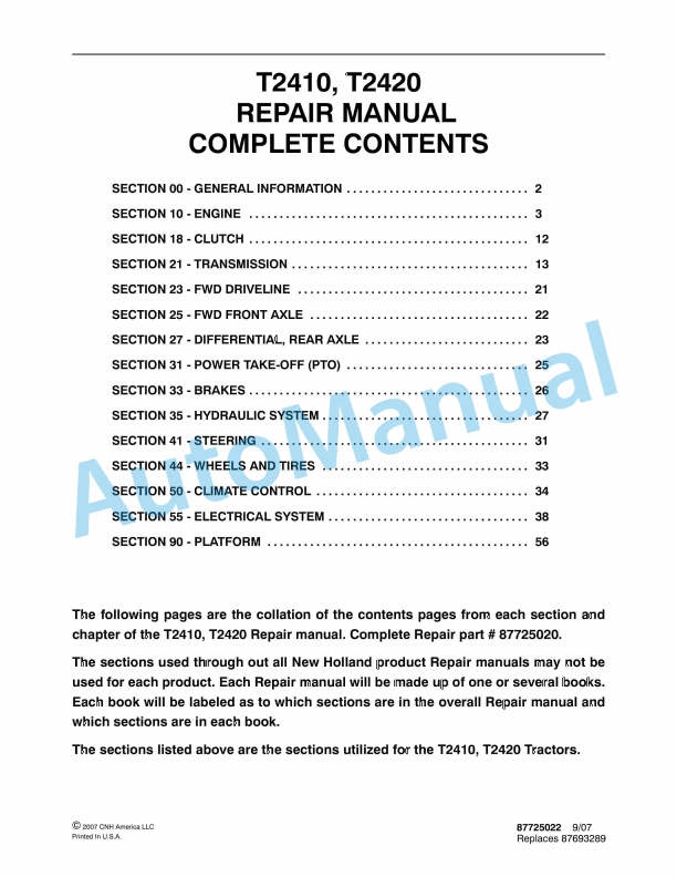 New Holland T2410, T2420 Tractor Repair Manual 87725022