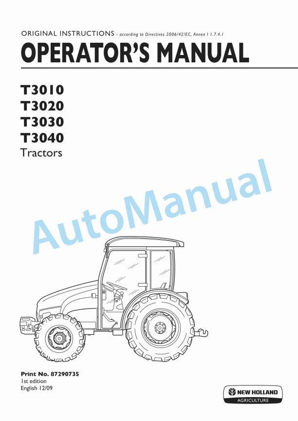 New Holland T3010, T3020, T3030, T3040 Tractor Operation and Maintenance Manual 87290735