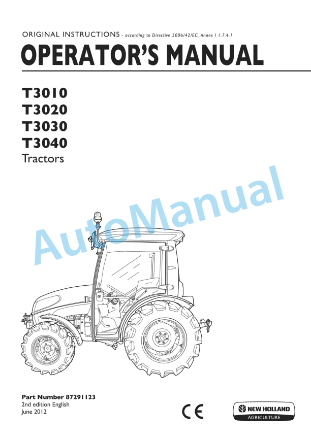 New Holland T3010, T3020, T3030, T3040 Tractor Operation and Maintenance Manual 87291123
