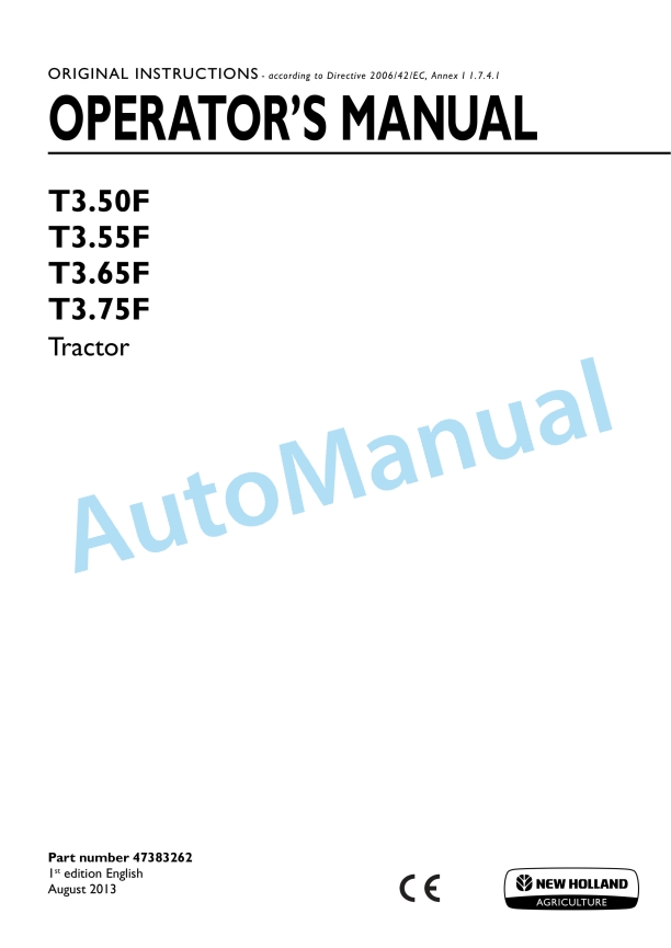 New Holland T3.50F, T3.55F, T3.65F, T3.75F Tractor Operation and Maintenance Manual 47383262