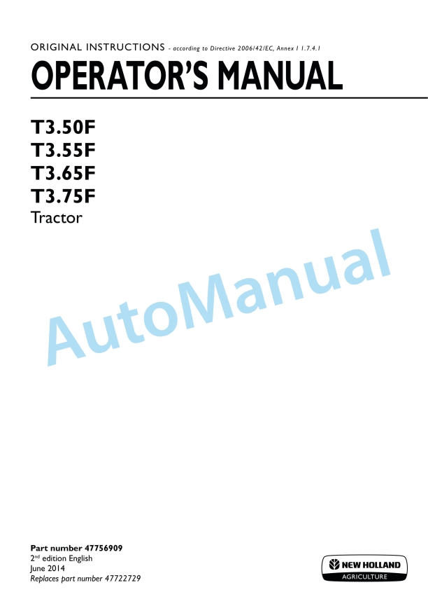 New Holland T3.50F, T3.55F, T3.65F, T3.75F Tractor Operation and Maintenance Manual 47756909