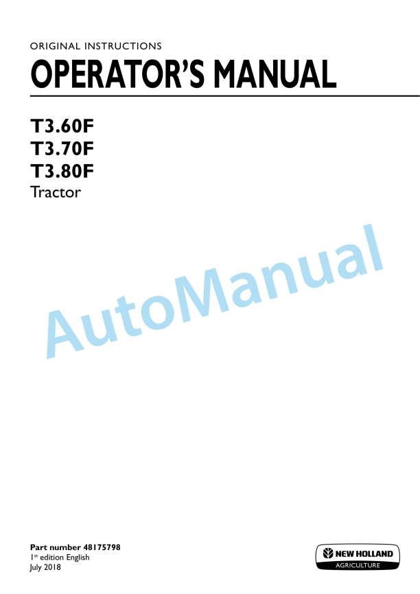 New Holland T3.60F, T3.70F, T3.80F Tractor Operation and Maintenance Manual 48175798