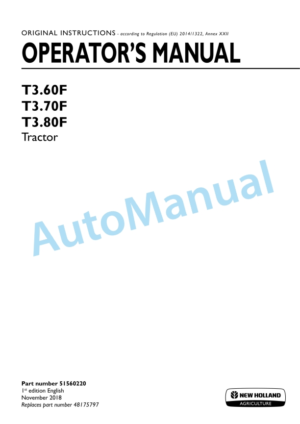 New Holland T3.60F, T3.70F, T3.80F Tractor Operation and Maintenance Manual 51560220