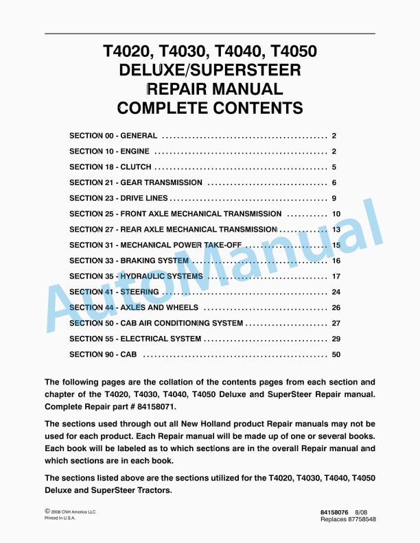 New Holland T4020, T4030, T4040, T4050 Deluxe - Supersteer Tractor Repair Manual 84158076