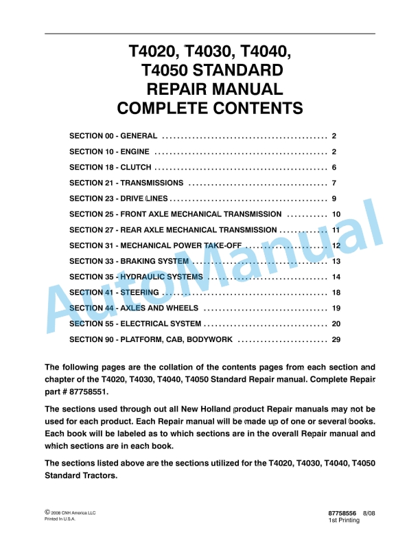 New Holland T4020, T4030, T4040, T4050 Standard Tractor Repair Manual 87758556