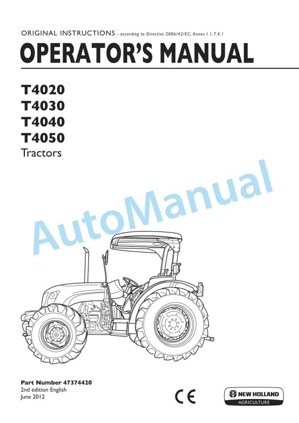New Holland T4020, T4030, T4040, T4050 Tractor Operation and Maintenance Manual 47374420